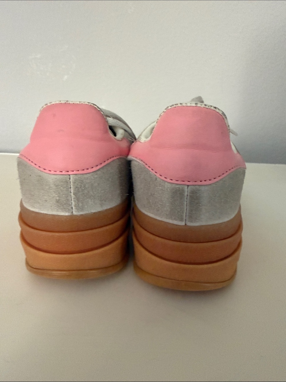 Adidas Light Gray Suede Platform Sneakers Pink Stripes and Gum Sole  (3.5) - Picture 3 of 3